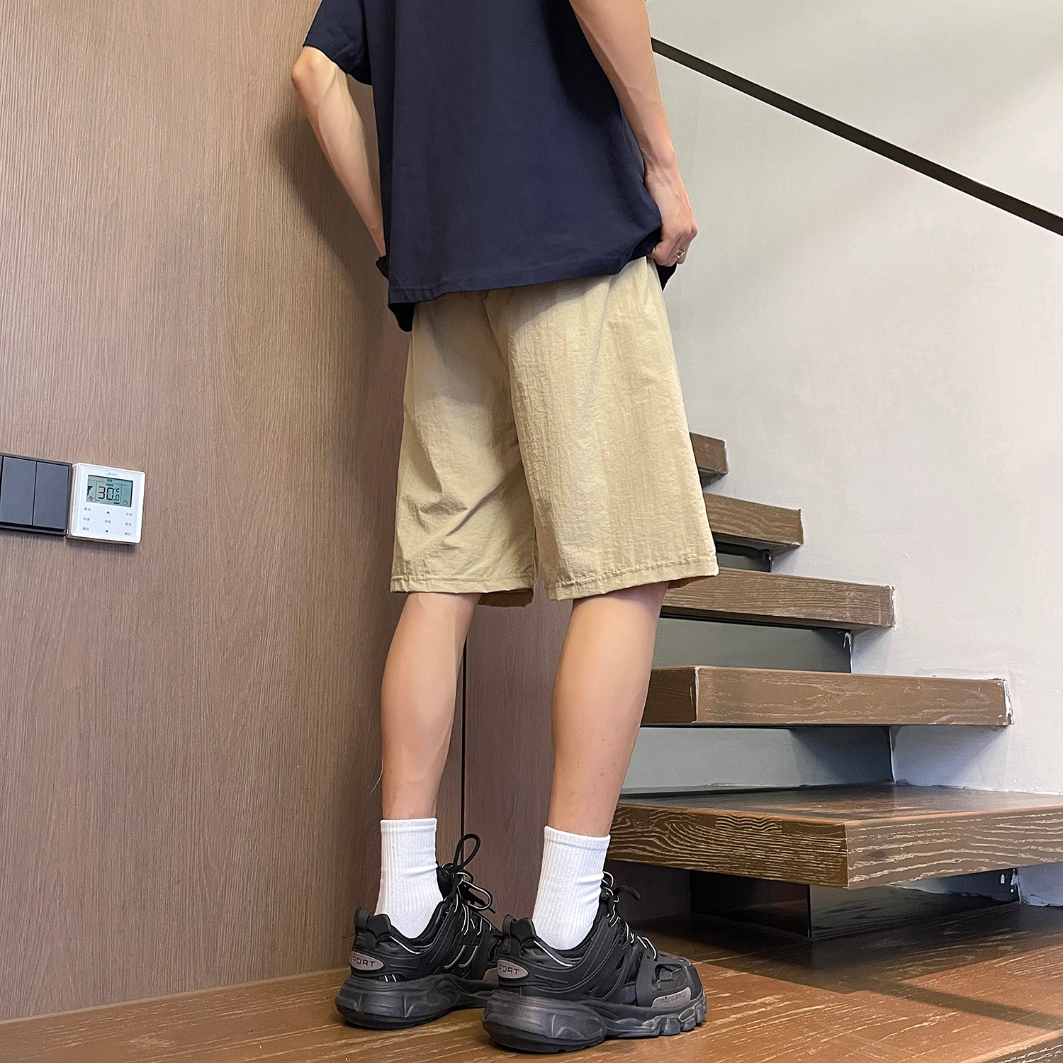 加菲猫家族 简约纯色宽松舒适透气百搭直筒松紧系带中腰夏季跑步运动健身薄款透气中性风青春活力五分休闲短裤 男女同款