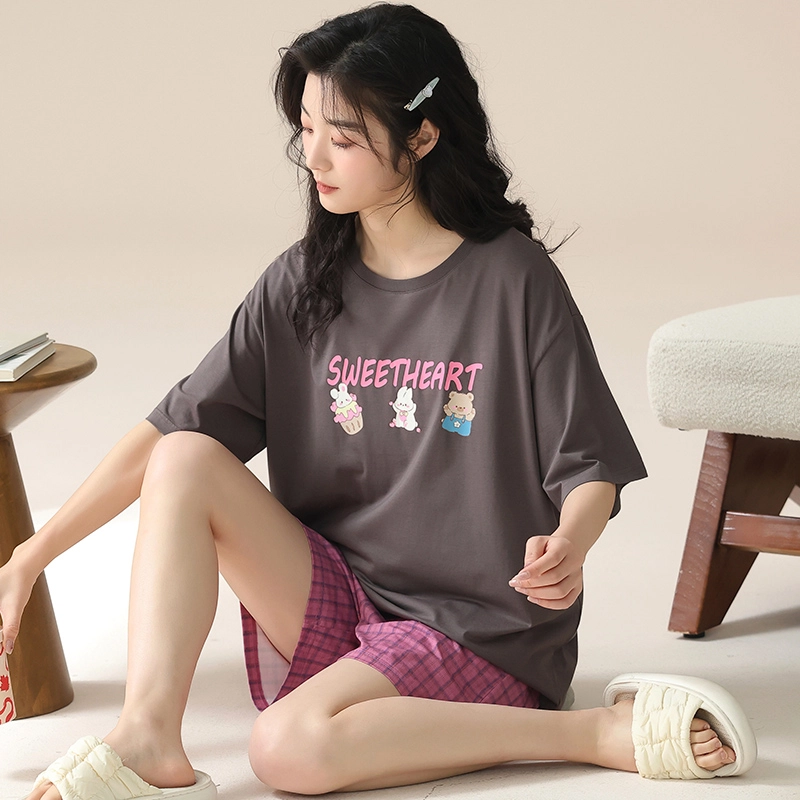 帕兰朵 休闲圆领字母印花简约短袖松紧腰宽松舒适透气格子短裤睡衣套装 女款 深灰