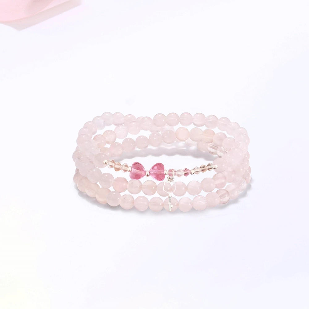 【S925银招财猫|高品质】 金师傅 萌趣猫咪钥匙多圈叠戴 招桃花能量之石 甜美蝴蝶结 可爱气质小众轻奢高级简约百搭好运 粉水晶 手串 女款