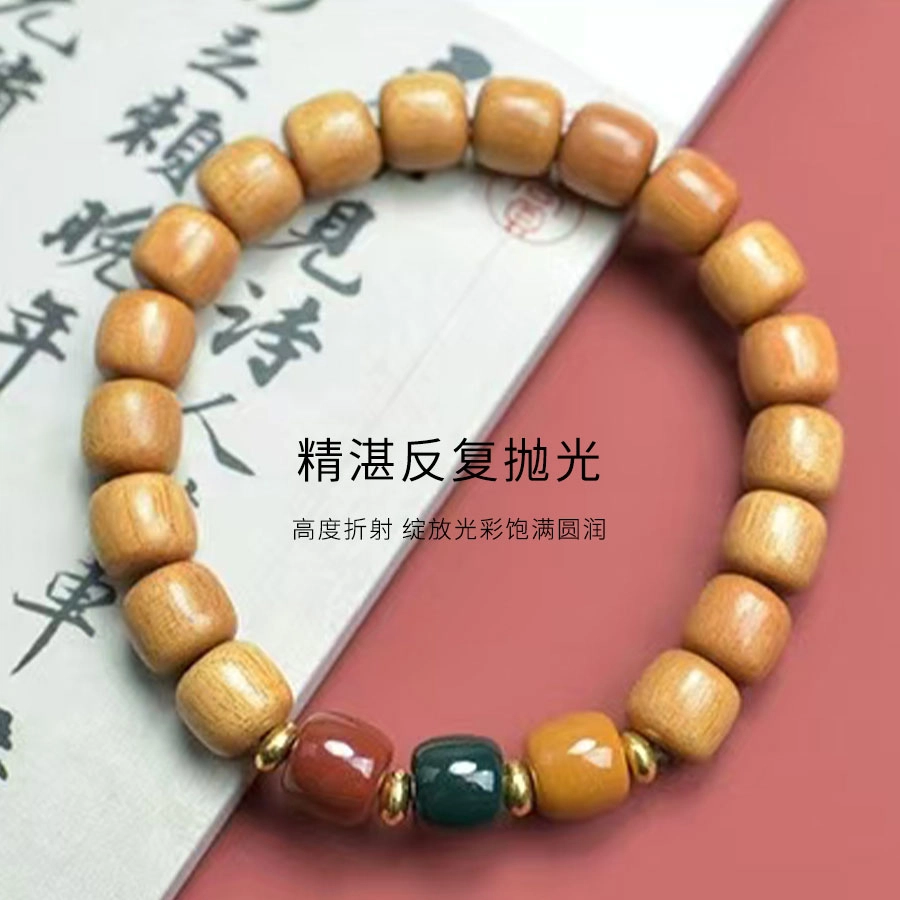 金师傅 【过手留香】三色彩珠 福禄吉祥平安喜乐素串单圈文玩复兴佛珠盘串念珠转运招财纳福 新中式小众 绿檀 手串 男女同款情侣款