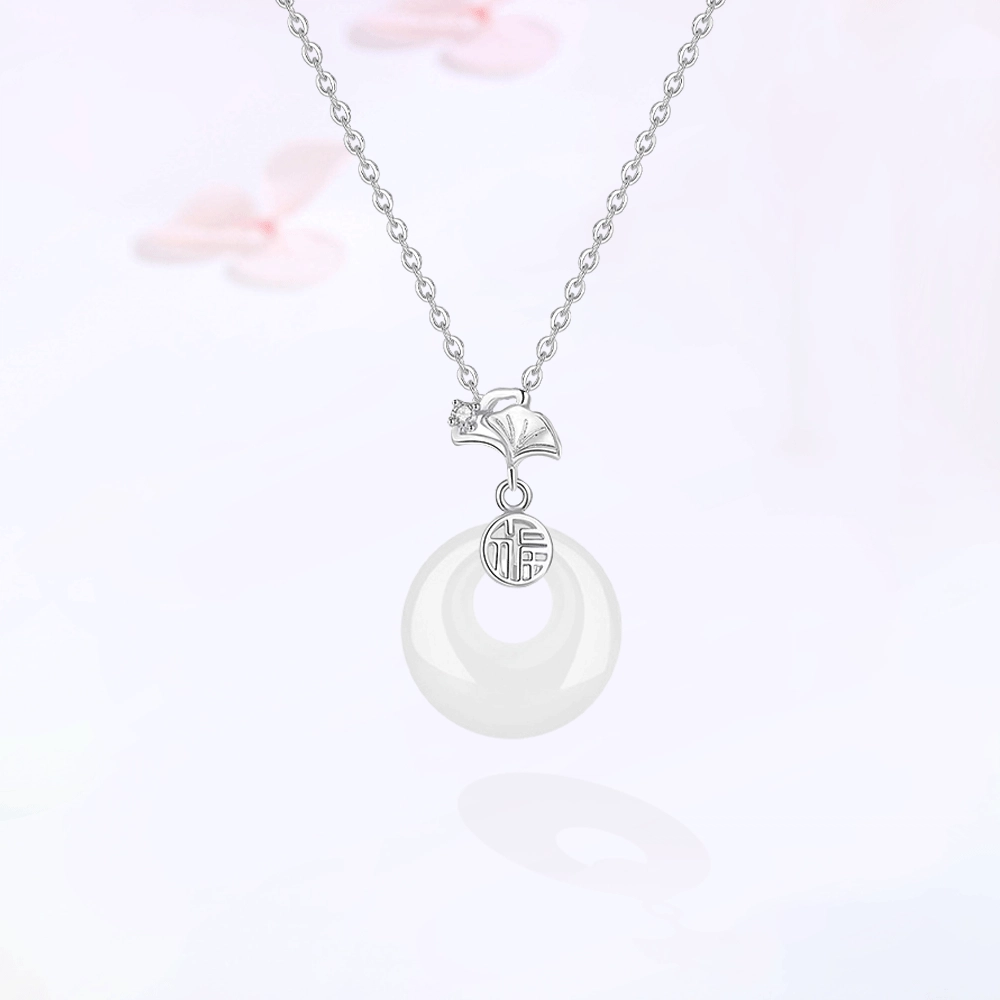 【S925银|精选高品质】 金师傅 三生有幸平安扣锁骨链 小杏运银杏新中式如意福牌 轻奢小众简约大牌百搭清冷感#好运 玉髓 项链 女款