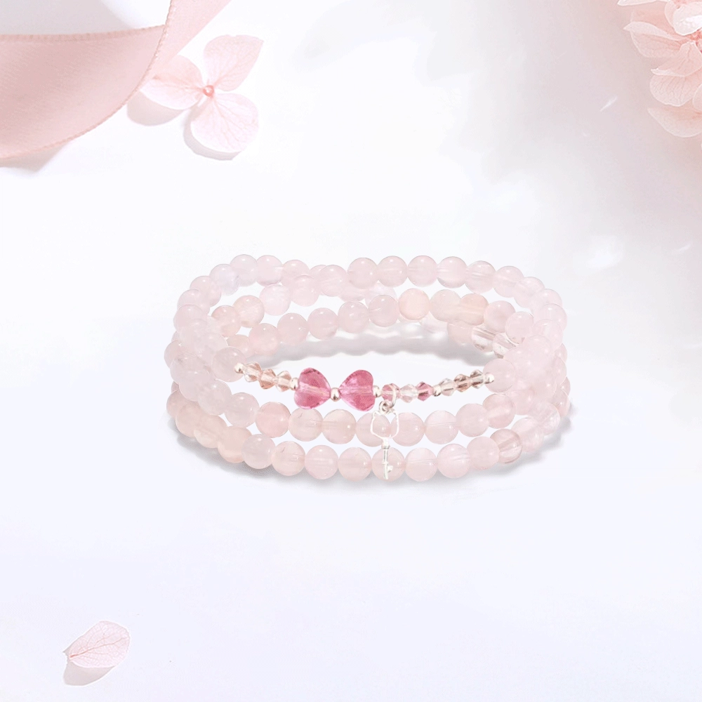 【S925银招财猫|高品质】 金师傅 萌趣猫咪钥匙多圈叠戴 招桃花能量之石 甜美蝴蝶结 可爱气质小众轻奢高级简约百搭好运 粉水晶 手串 女款