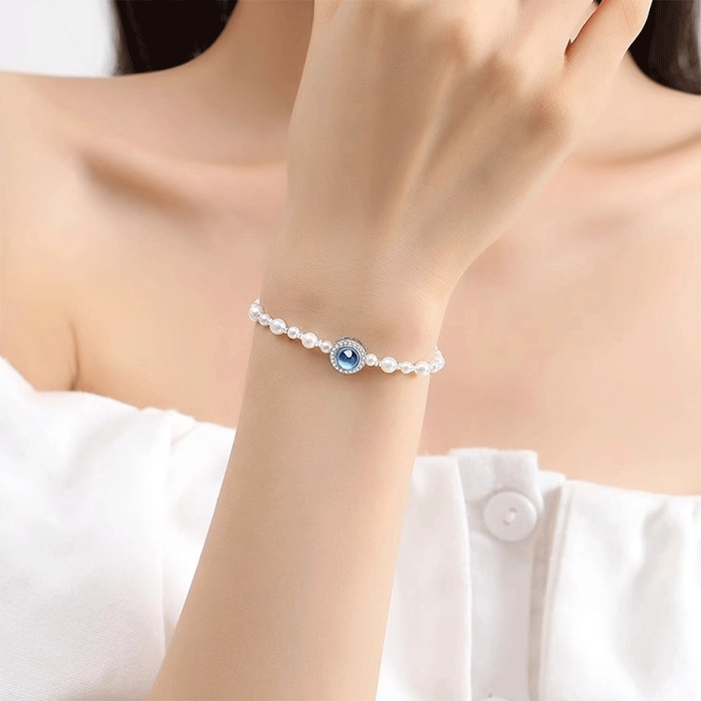 【S925银高品质|蓝眼泪】 金师傅 鲛人语水星记珍珠手饰 韩系气质清冷简约百搭高级 小众轻奢优雅设计款#好运 玻璃猫眼 手链 女款