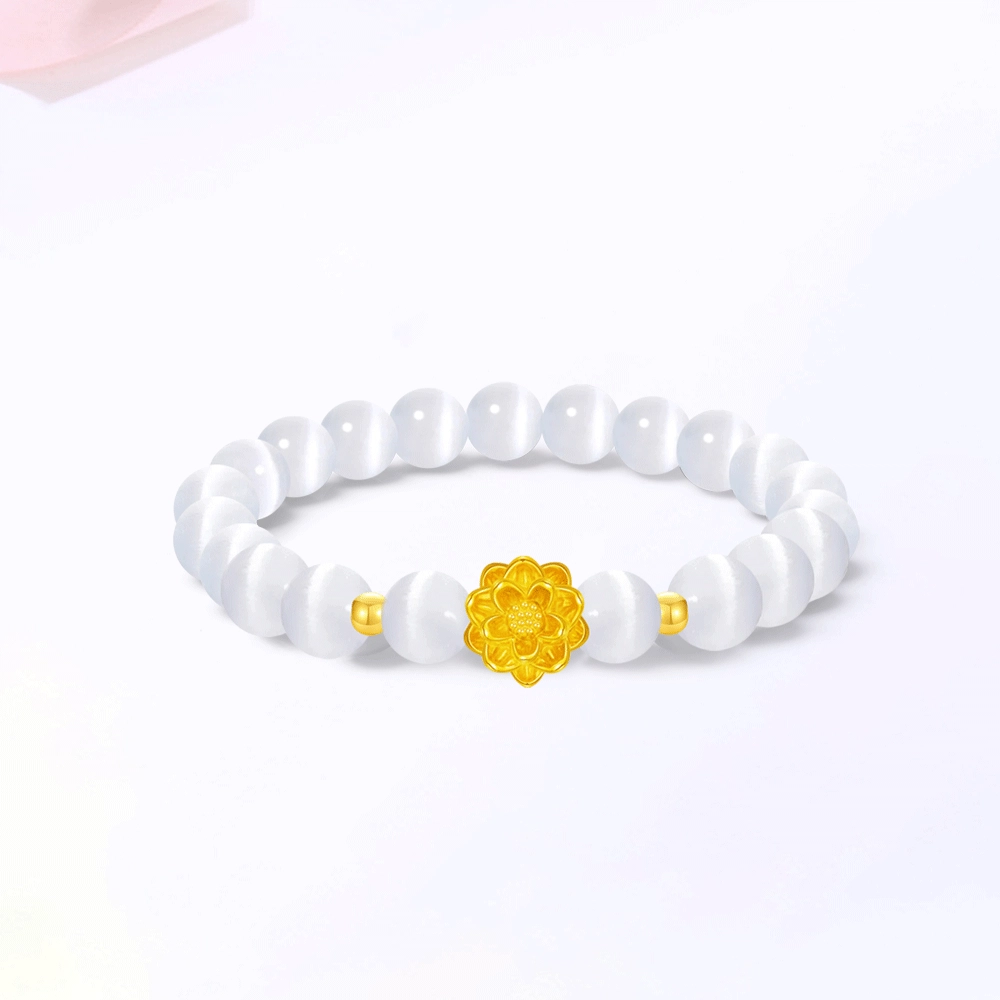 【999金|精选高品质】 金师傅 好运莲莲串珠 莲花万事如意有钱花 新中式国潮气质复古简约百搭#好运 玻璃猫眼 手串 男女同款情侣款