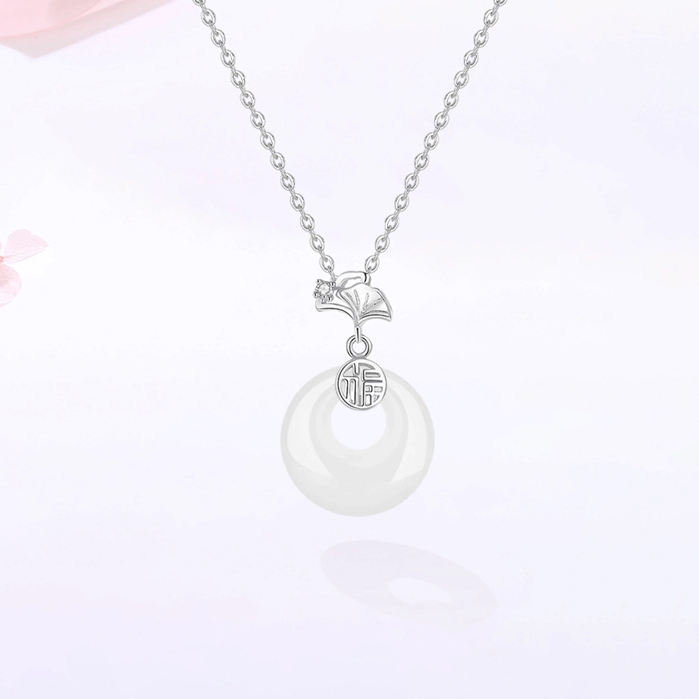 【S925银|精选高品质】 金师傅 三生有幸平安扣锁骨链 小杏运银杏新中式如意福牌 轻奢小众简约大牌百搭清冷感#好运 玉髓 项链 女款