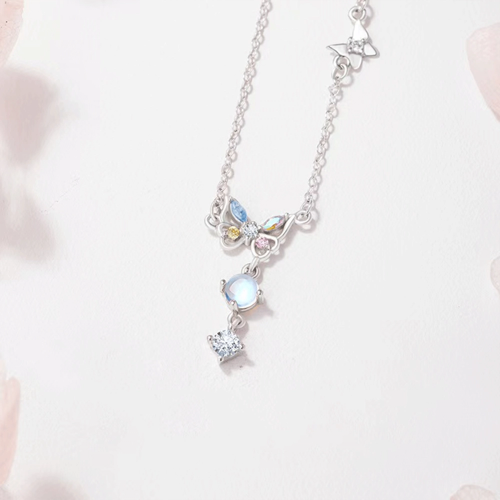 【S999足银|甄选高品质】 金师傅 七彩蝴蝶锁骨链 森系甜美可爱少女心灵动梦幻轻奢设计彩蝶吊坠 创意百搭小众高级#好运 琉璃 项链 女款