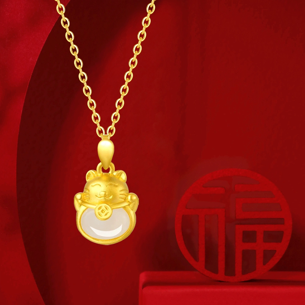 【精选高品质和田玉】买一赠一金片 金师傅 招财猫纳福吊坠 财源滚滚新中式国潮复古气质可爱萌趣百搭#好运小众轻奢高级 项链 青白玉 女款