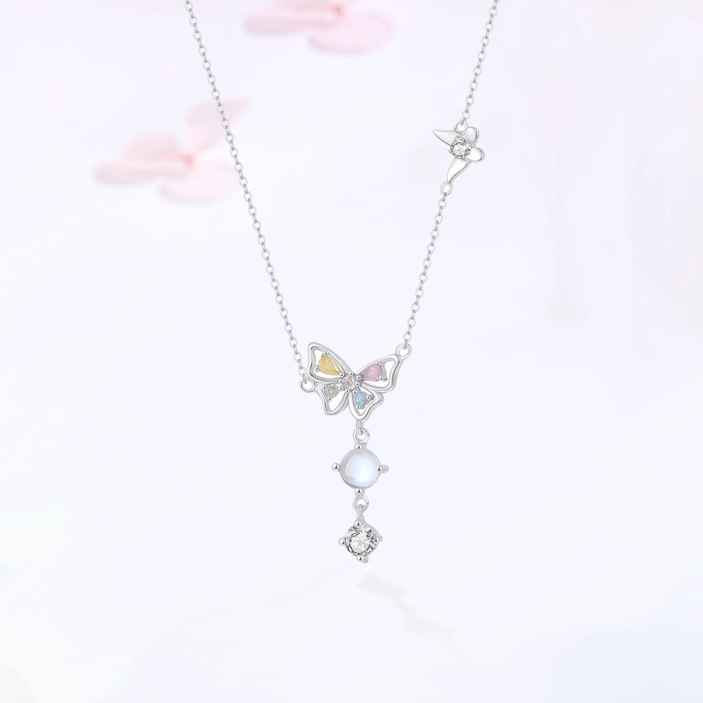 【S999足银|甄选高品质】 金师傅 七彩蝴蝶锁骨链 森系甜美可爱少女心灵动梦幻轻奢设计彩蝶吊坠 创意百搭小众高级#好运 琉璃 项链 女款