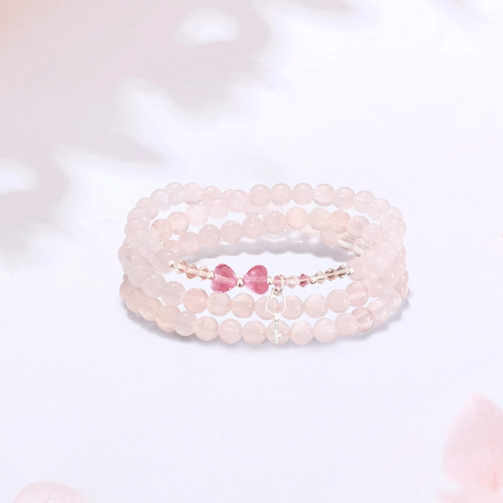 【S925银招财猫|高品质】 金师傅 萌趣猫咪钥匙多圈叠戴 招桃花能量之石 甜美蝴蝶结 可爱气质小众轻奢高级简约百搭好运 粉水晶 手串 女款