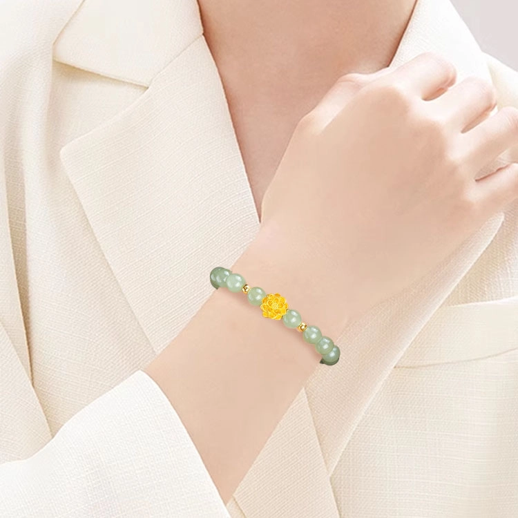 倾爱 好事莲莲 新中式 足金莲花转运珠 和田玉 手串 女款 碧玉
