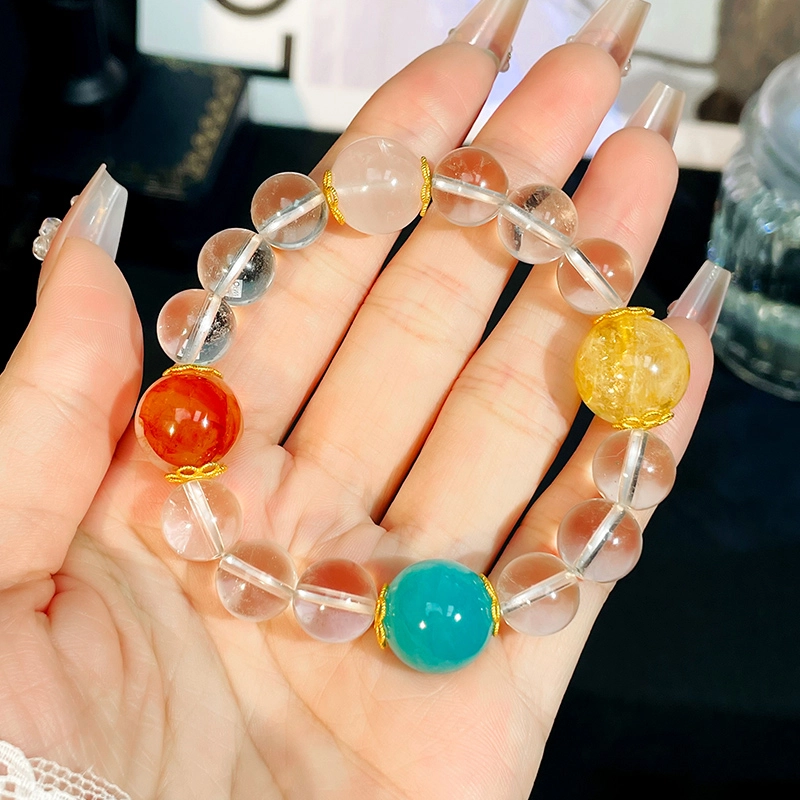 倾爱 多财多福 好运简约设计款百搭彩虹糖果色天然 白水晶 手串 女款
