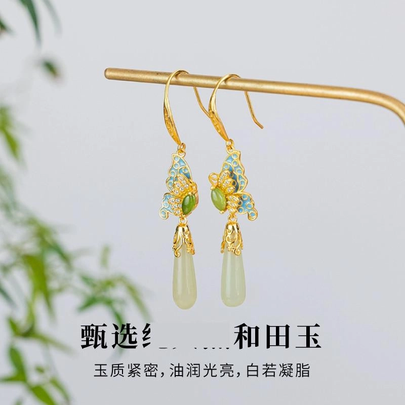 倾爱 烧蓝蝴蝶 时尚复古 玛瑙 玉石耳环 女款