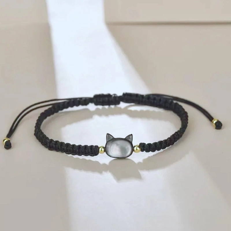 尚银福 黑白猫咪手饰 轻奢高级感甜美可爱 嘻哈小众设计贝壳猫脸手工编织手绳饰品 织物 手链 男女同款情侣款