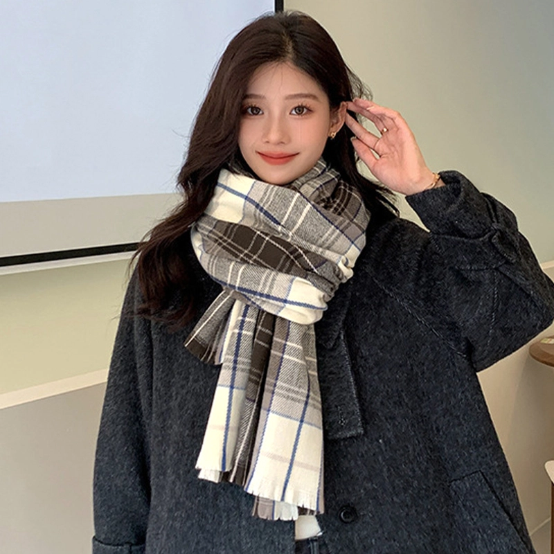纳兰杜 学生小清新格子显脸小防风防寒加厚保暖韩版小众外搭文艺秋冬 绒线围巾 女款 黑白色/卡其色