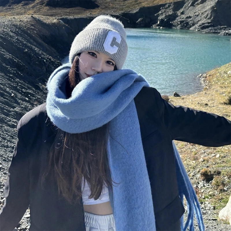 纳兰杜 纯色秋冬加厚氛围感 聚酯纤维 绒线围巾 女款 天使蓝