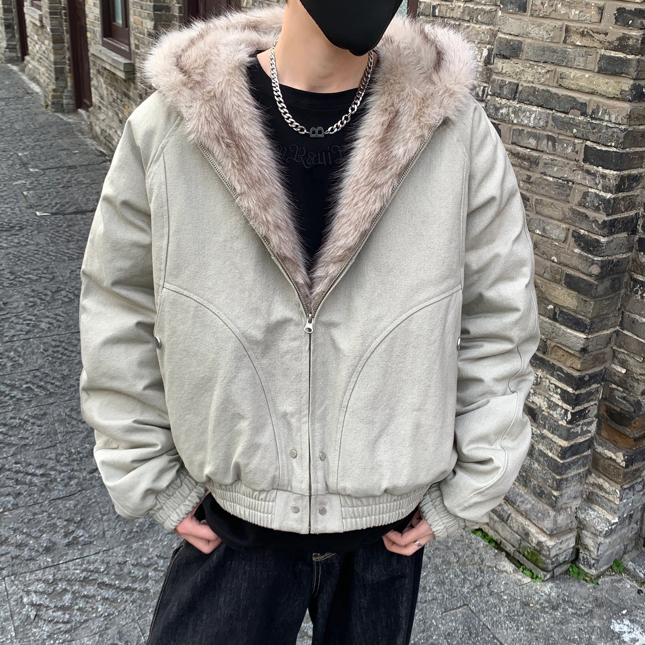 美式高街复古座山雕连帽加厚毛领加绒保暖拉链设计感休闲百搭外套棉服 男女同款