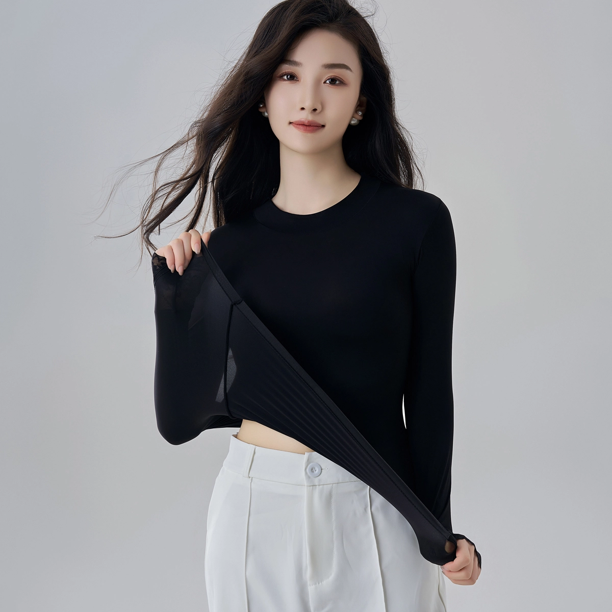 俏佳人 可外穿面膜玻尿酸润肤轻薄无痕圆领蕾丝边美肤衣高弹打底衣 女款