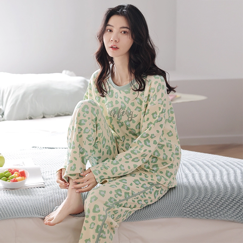 俏佳人 纯棉长袖睡衣女春秋季圆领套头透气柔软舒适可外穿 家居套装  女款  杏绿色