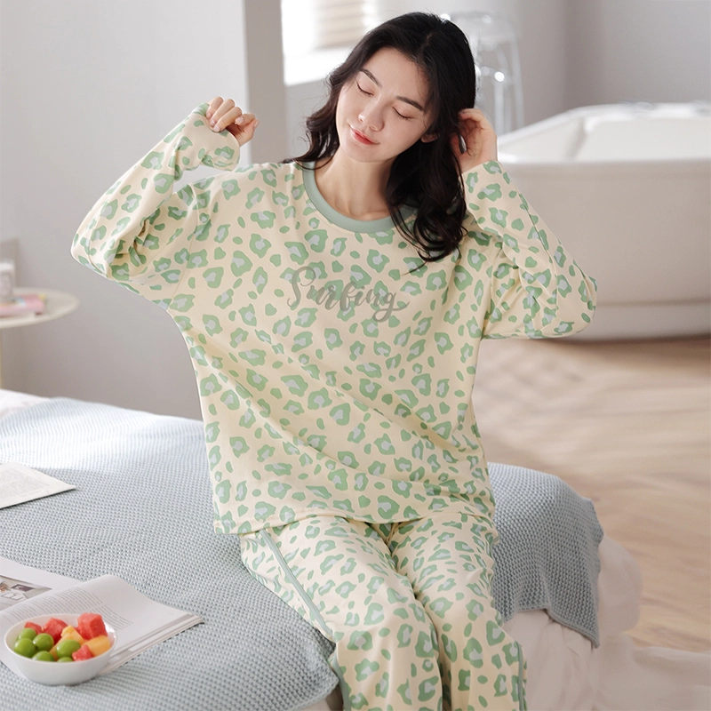俏佳人 纯棉长袖睡衣女春秋季圆领套头透气柔软舒适可外穿 家居套装  女款  杏绿色