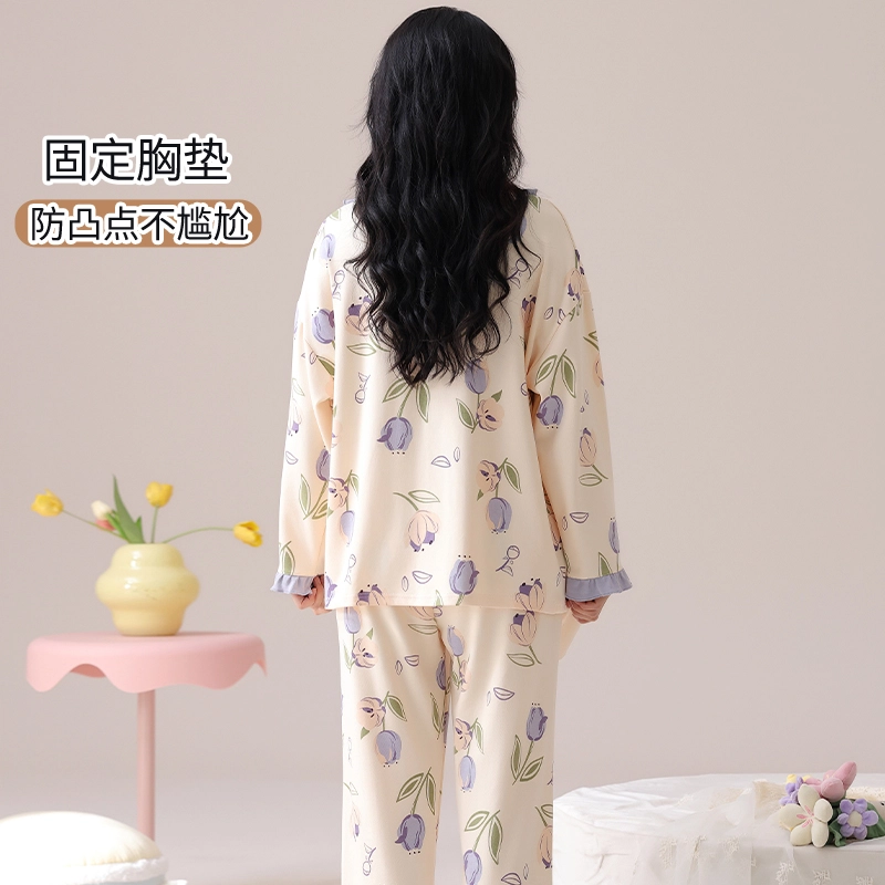 俏佳人 纯棉甜美可爱风小熊印花长袖长裤可外穿休闲宽松睡衣套装 女款
