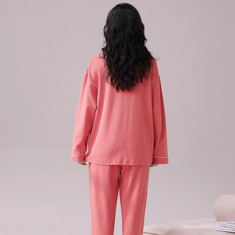 俏佳人 春秋季纯棉基础款开衫纽扣纯色睡衣女休闲长袖长裤宽松版可外穿 家居套装  女款  粉色