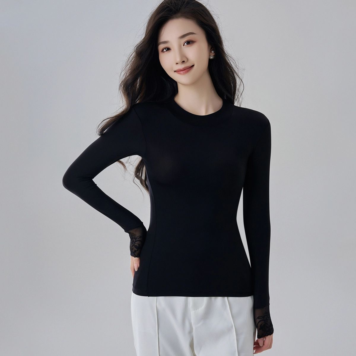 俏佳人 可外穿面膜玻尿酸润肤轻薄无痕圆领蕾丝边美肤衣高弹打底衣 女款