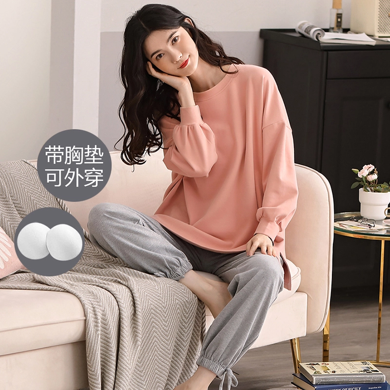 俏佳人 纯棉免穿文胸基础款睡衣女运动风束口长袖春秋季圆领套头柔软透气舒适带胸垫可外穿 家居套装  女款  桃色 灰色