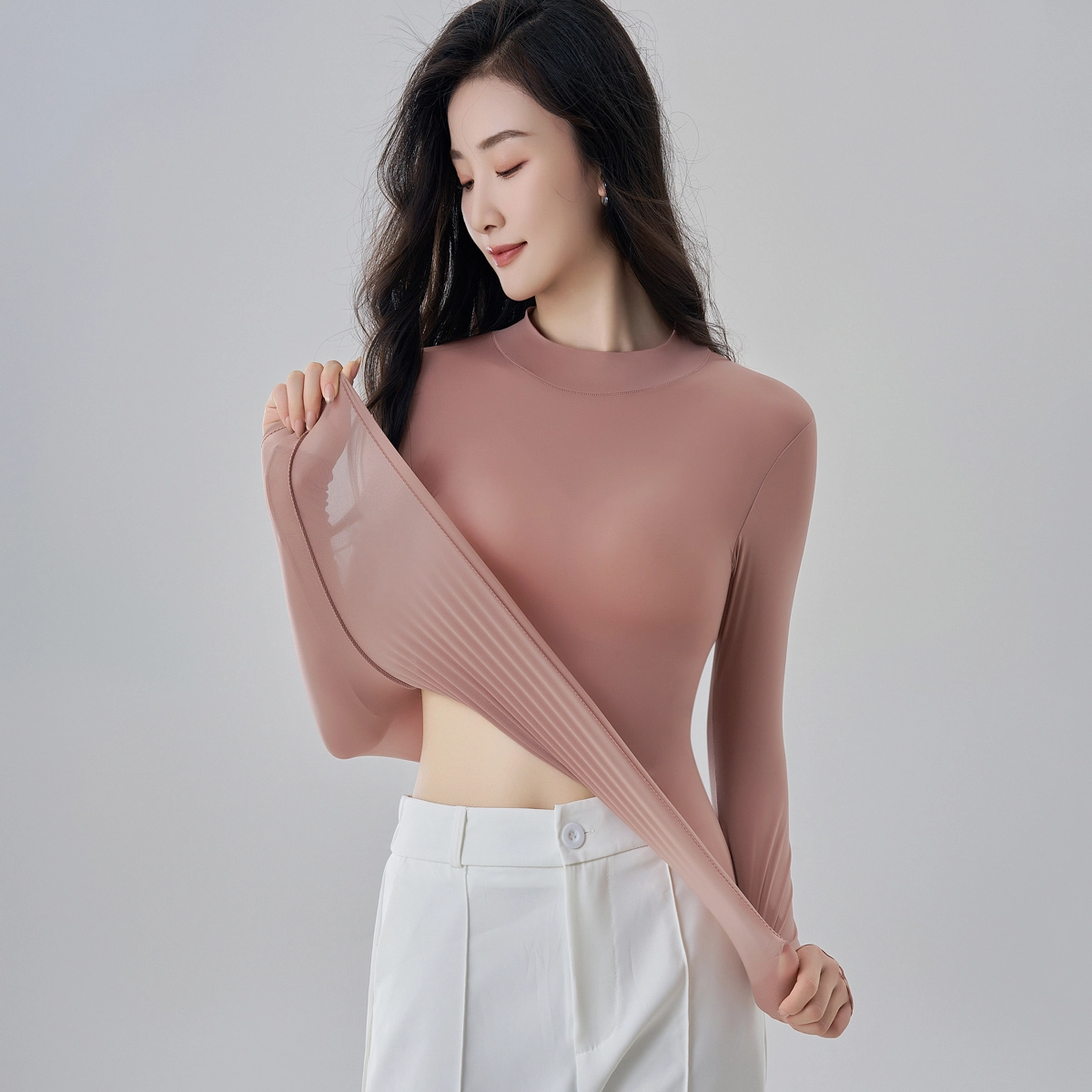 俏佳人 可外穿面膜玻尿酸润肤轻薄无痕圆领蕾丝边美肤衣高弹打底衣 女款