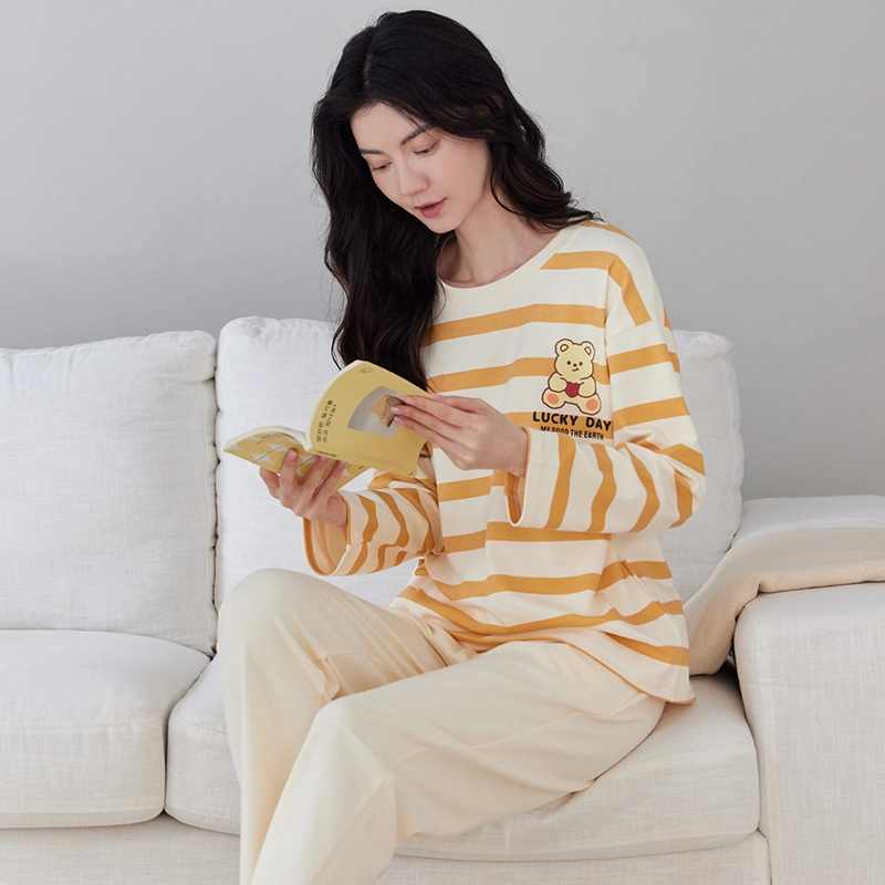 俏佳人 春秋季纯棉条纹小熊长袖睡衣女圆领套头柔软透气舒适可外穿 家居套装  女款  杏色 黄色