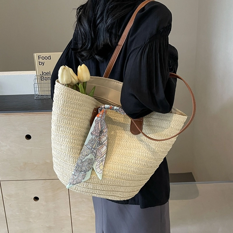 泰克森 百搭简约单肩草编包草编编织包托特包女海边度假 女款 米白/卡其