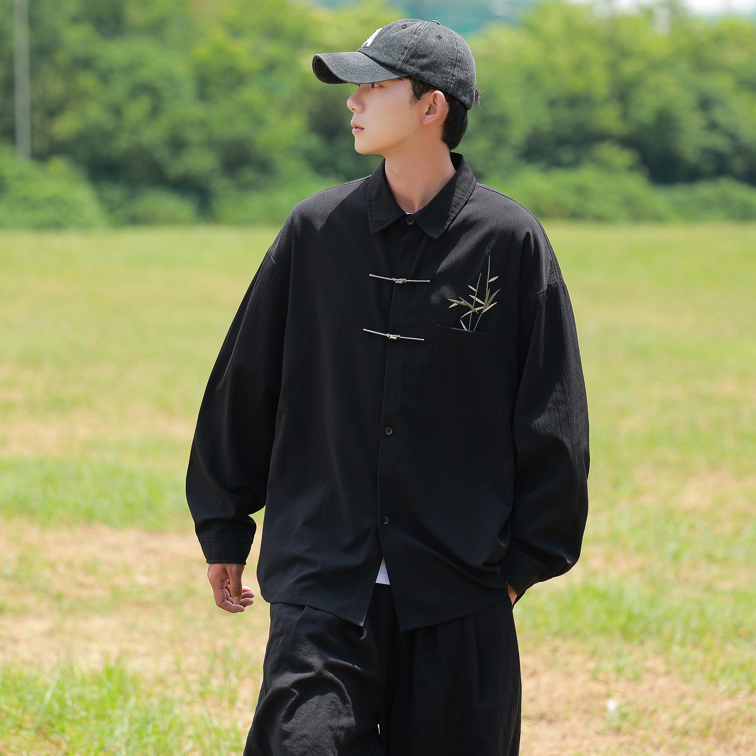 新中式国风翠竹刺绣设计感翻领纽扣宽松休闲百搭垂感长袖衬衫 男女同款