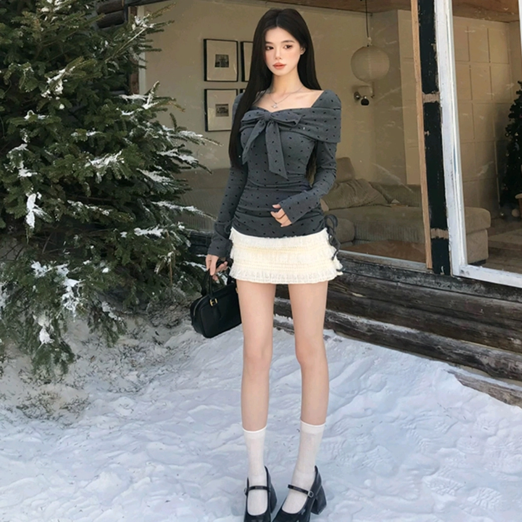 玉儿恋 春季一字肩蝴蝶结修身显瘦波点拼接抽褶蓬蓬裙长袖连衣裙款式 女款 灰色单品