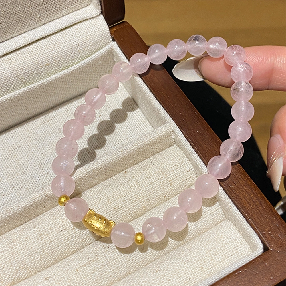 【S925银 高品质】 七七银饰 萌趣法棍猫 童真可爱招财小猫咪 童话梦幻 小众简约设计感时尚 精致时尚优雅 好运 粉水晶 手串 女款