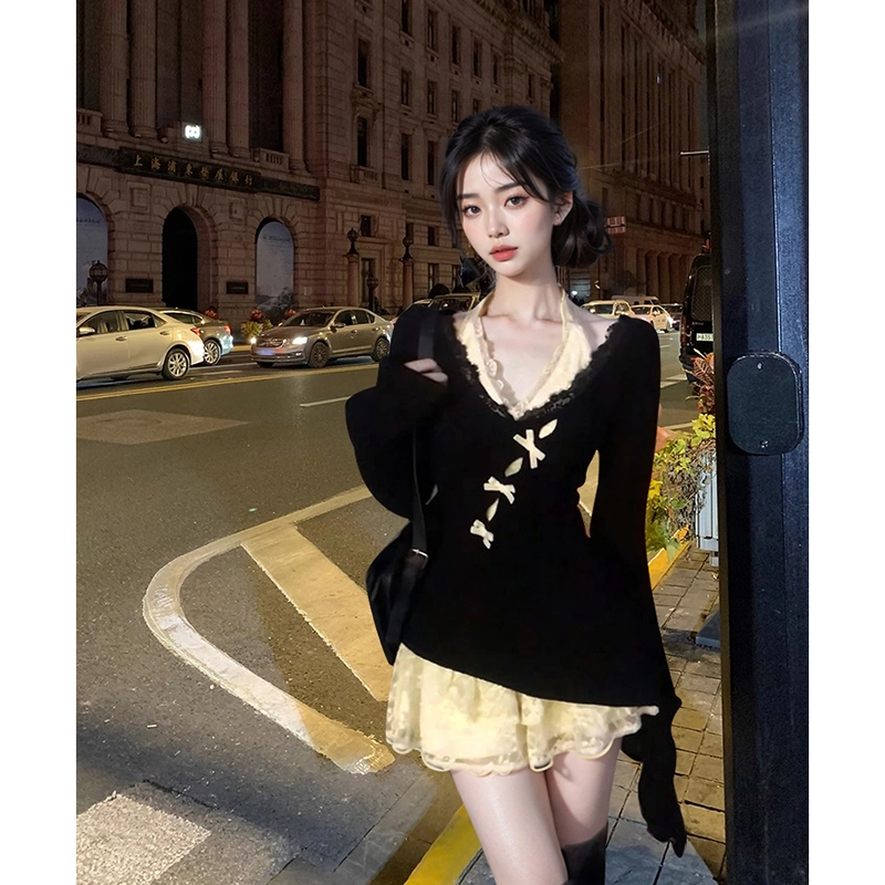 依钗 韩系小个子纯欲风针织罩衫蕾丝拼接连衣裙多种穿搭场合适用裙装套装 女款