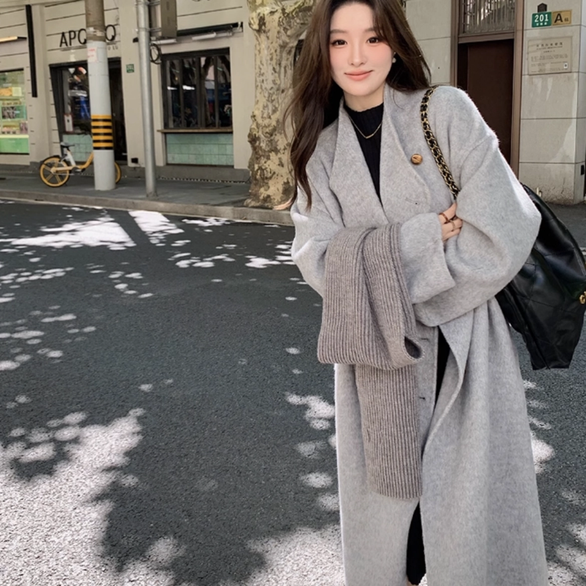 桴生 韩系时尚舒适纯色羊毛长款双排扣领设计感通勤慵懒风毛呢大衣 女款