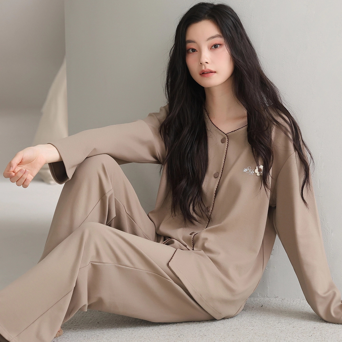 都市丽人 微弹长袖开衫简约高级感家居服睡衣套装 女款