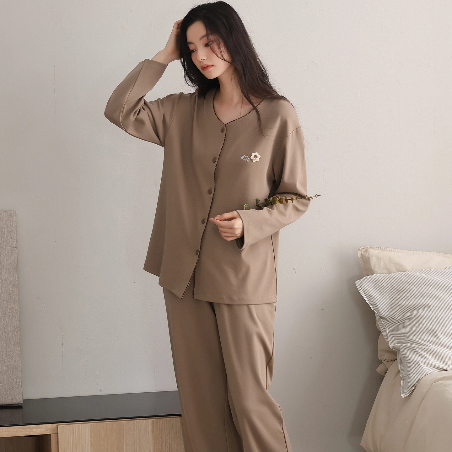 都市丽人 微弹长袖开衫简约高级感家居服睡衣套装 女款
