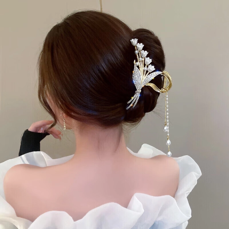 妖娆猫 新中式国风铃兰花麦穗发夹女后脑勺发饰套装礼盒三件套高级感气质流苏鲨鱼夹网红发卡夹子 抓夹 女款