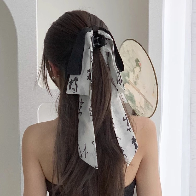 妖娆猫 新中式水墨画蝴蝶结古风飘带马尾夹马面裙汉服鲨鱼夹高级感 发夹 女款