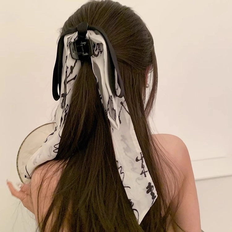 妖娆猫 新中式水墨画蝴蝶结古风飘带马尾夹马面裙汉服鲨鱼夹高级感 发夹 女款