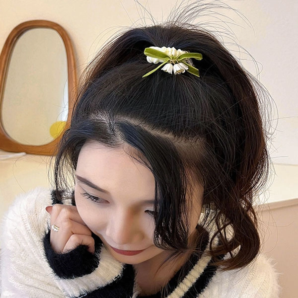 妖娆猫 法式蝴蝶结铃兰花复古皮筋扎头发优雅气质皮套 发圈 女款