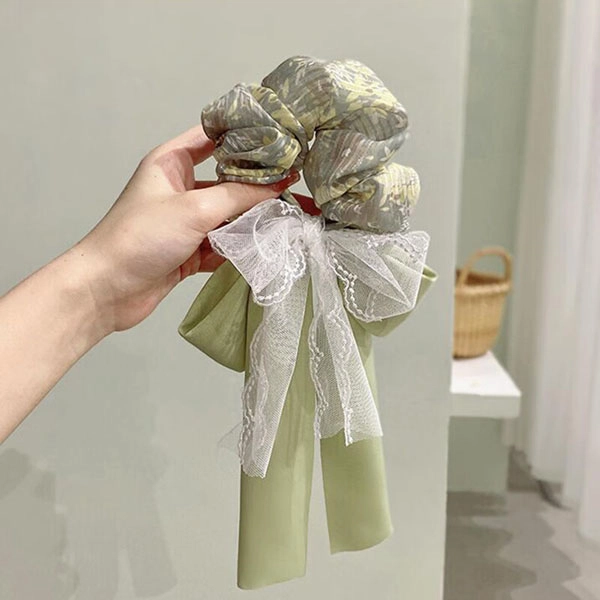 妖娆猫 江南绿大肠 蕾丝蝴蝶结飘带头饰超仙网纱 发圈 头绳 女款