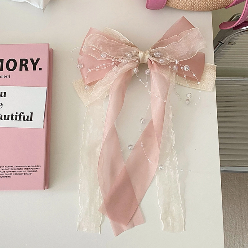 妖娆猫 超仙甜美网纱蝴蝶结后脑勺多层飘带水珠链条弹簧夹高级感 发夹 女款