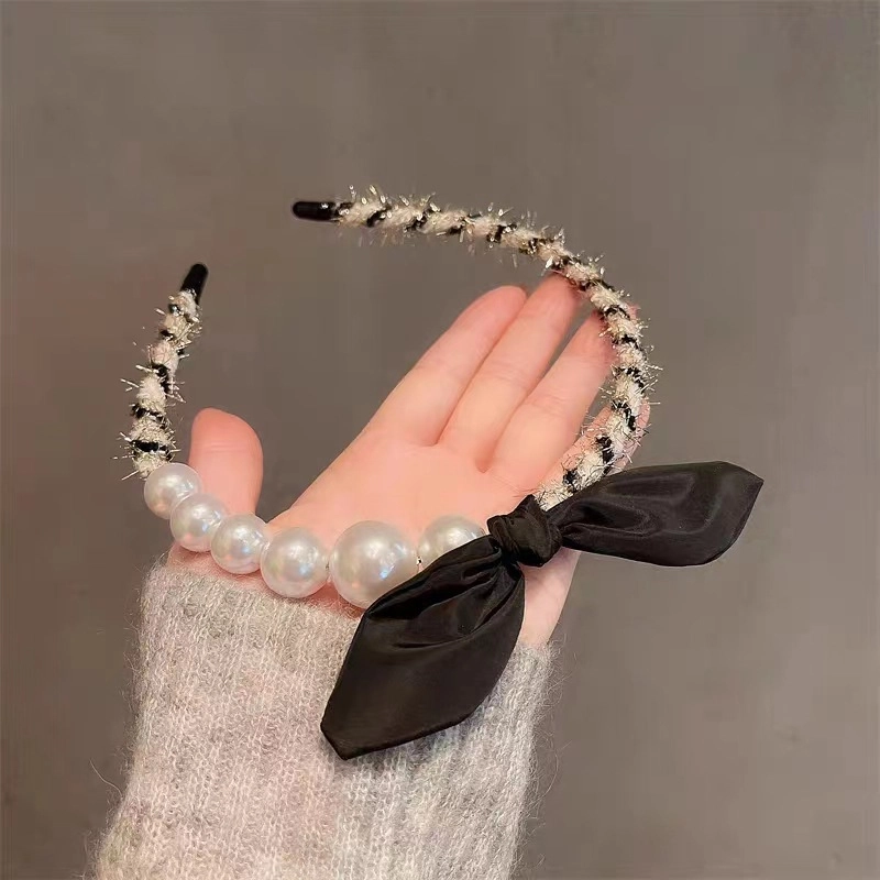 妖娆猫 小香风黑色蝴蝶结珍珠轻奢港风复古高档 发箍 女款