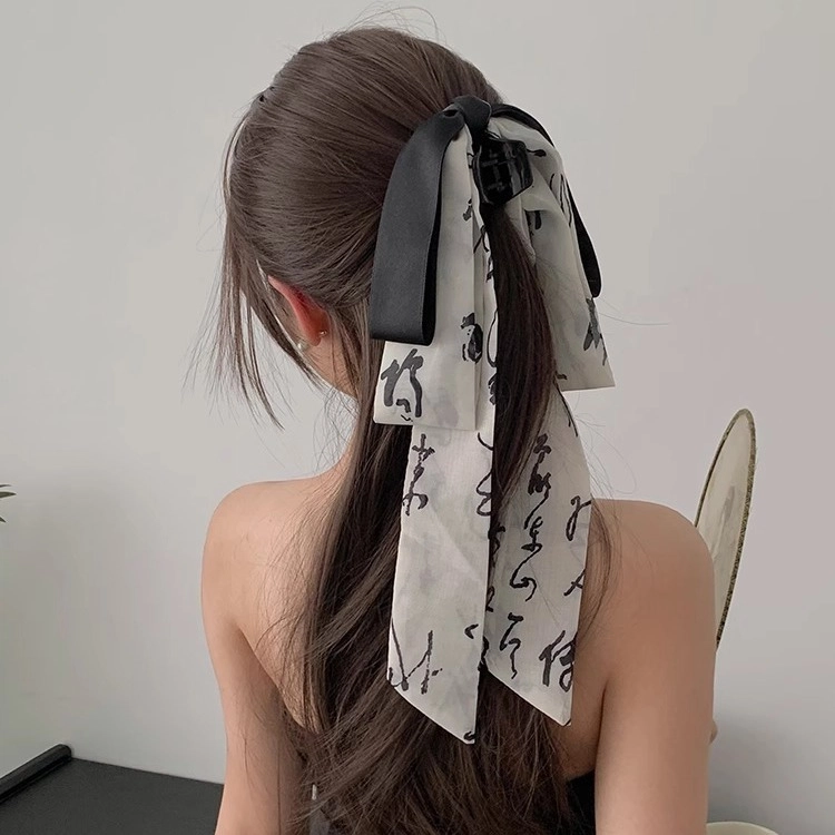 妖娆猫 新中式水墨画蝴蝶结古风飘带马尾夹马面裙汉服鲨鱼夹高级感 发夹 女款