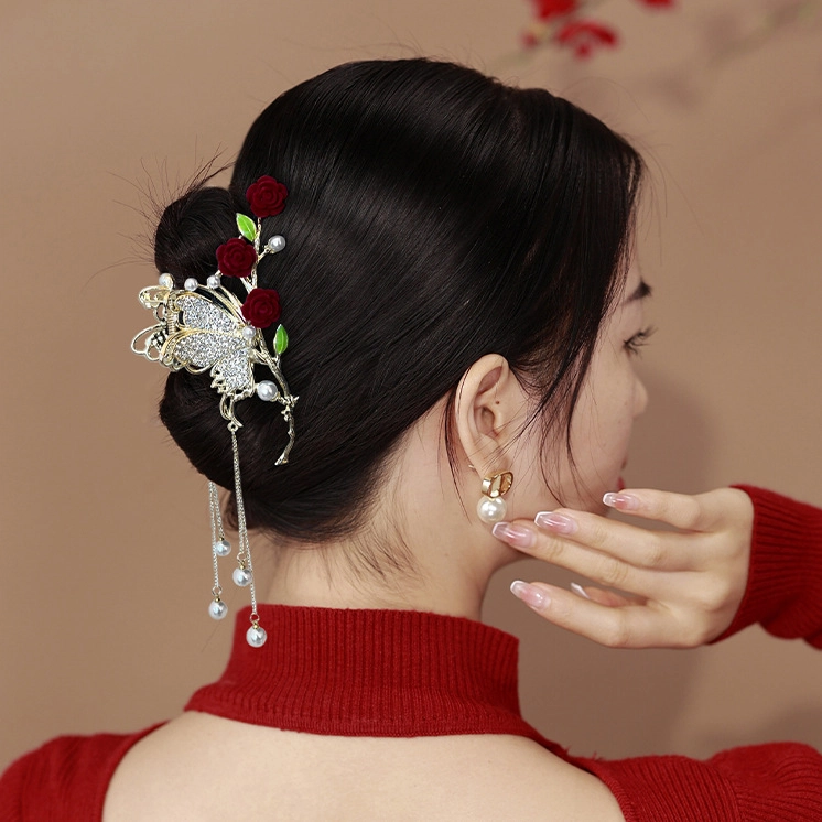 妖娆猫 红色玫瑰花朵抓夹套装后脑勺盘发卡气质鲨鱼夹三件套 发夹 女款