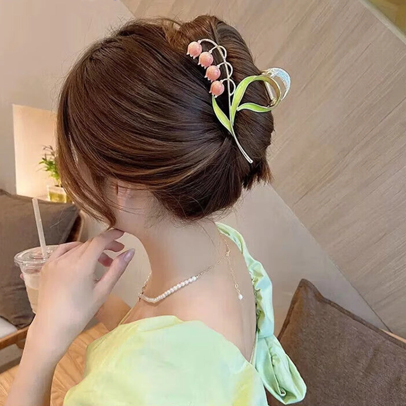妖娆猫 甜美小清新铃兰花超仙网红明星同款气质后脑勺后脑勺盘发精致大号高级感 合金 发夹 女款