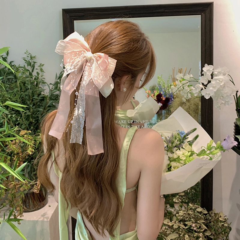 妖娆猫 超仙甜美网纱蝴蝶结后脑勺多层飘带水珠链条弹簧夹高级感 发夹 女款