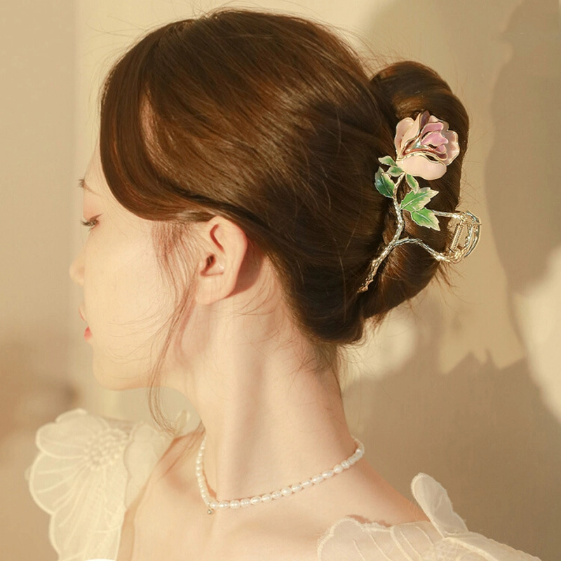 妖娆猫 超仙玫瑰花朵 中国风鲨鱼夹头饰 气质金属 发夹 女款