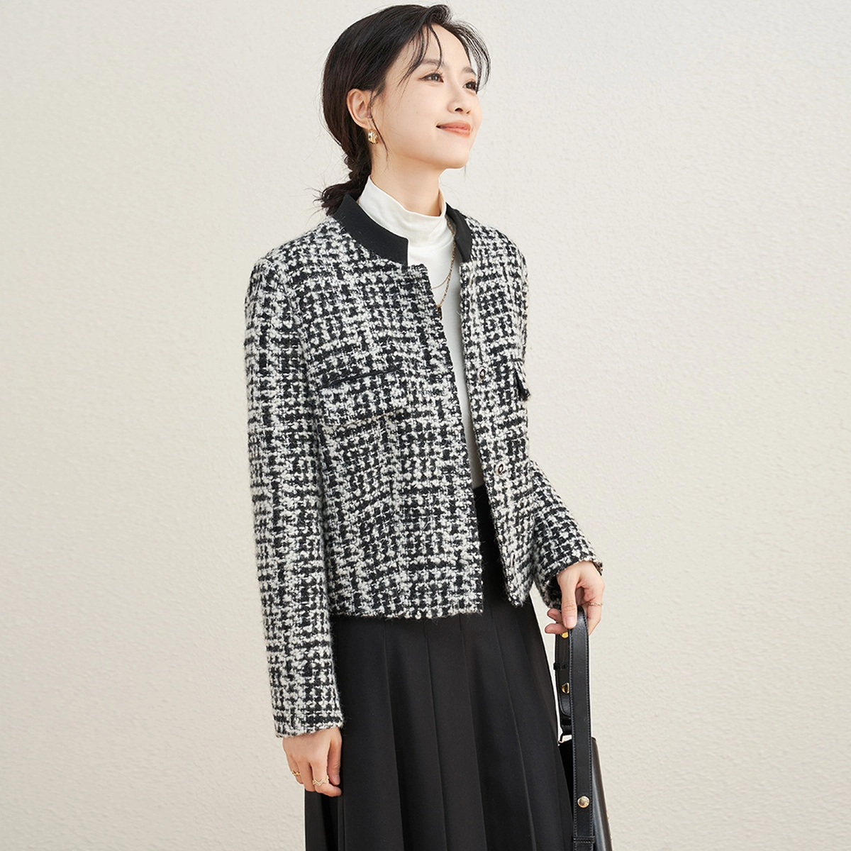娅丽达 立领千鸟格小香风羊毛加厚夹克 女款 黑色
